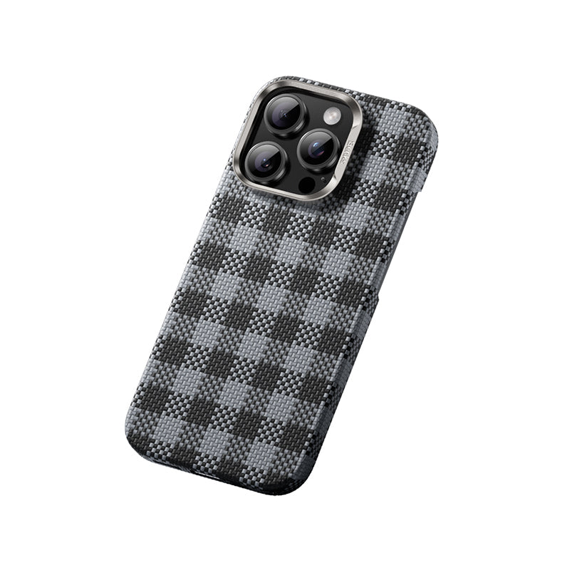 Apple iPhone 15 Pro Max Kılıf M-safe Şarj Özellikli Ekose Tasarımlı Benks ArmorVichy Kevlar Kapak Kırmızı