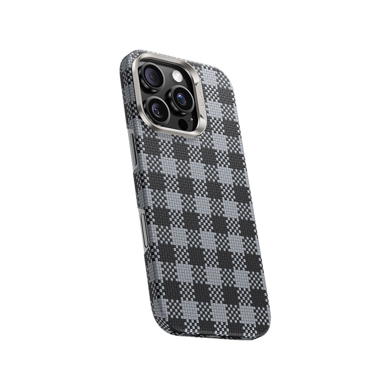 Apple iPhone 15 Pro Max Kılıf M-safe Şarj Özellikli Ekose Tasarımlı Benks ArmorVichy Kevlar Kapak Kırmızı