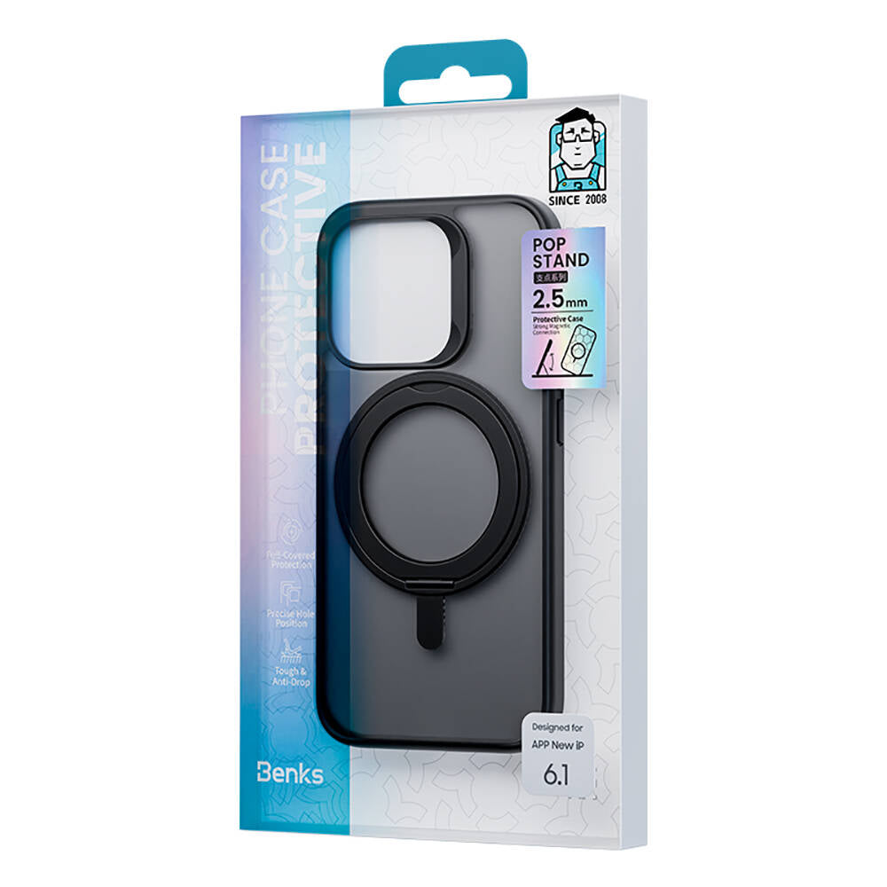 iPhone 15 Pro Max Kılıf Magsafe Şarj Özellikli 360° Dönebilen Benks Pop Stand Kılıf Gri