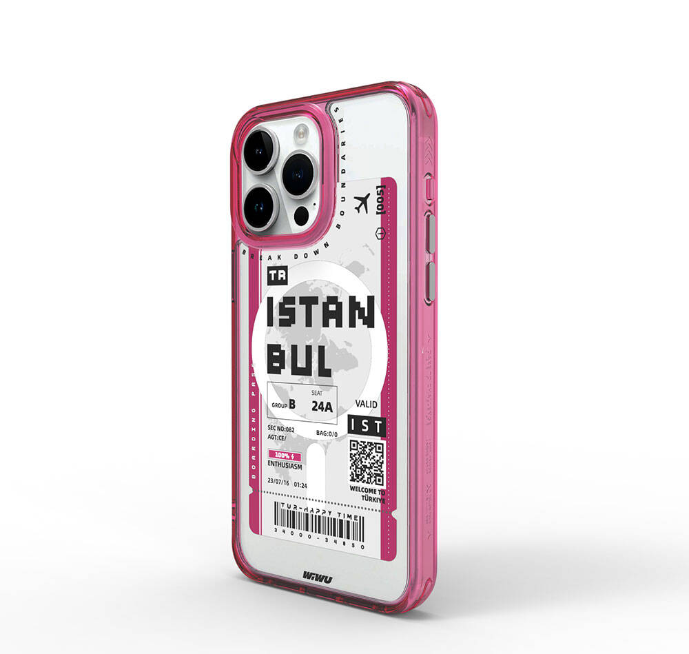 iPhone 15 Pro Max Kılıf Magsafe Şarj Özellikli Bilet Desenli Wiwu Turkey B Serisi Kılıf Pembe