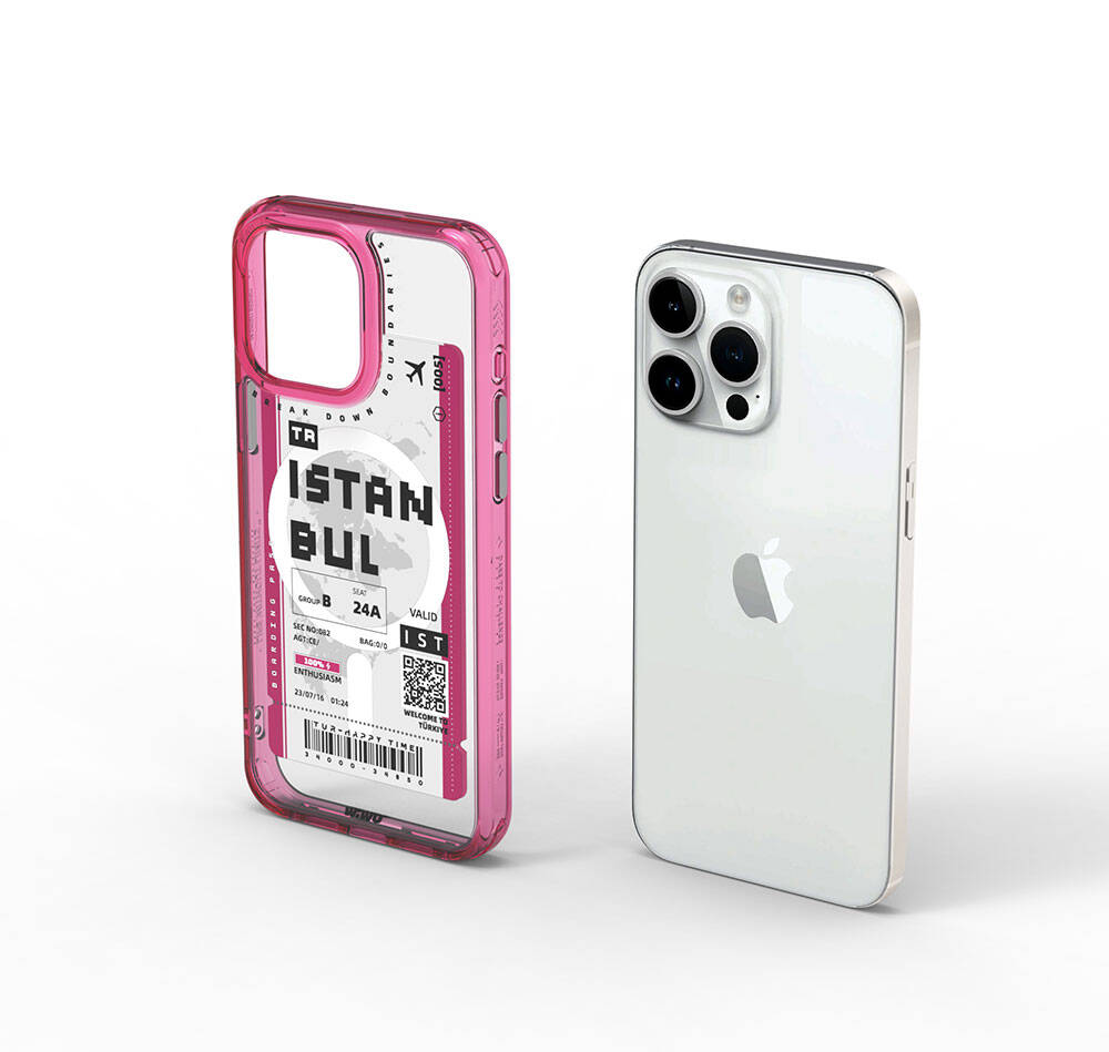 iPhone 15 Pro Max Kılıf Magsafe Şarj Özellikli Bilet Desenli Wiwu Turkey B Serisi Kılıf Pembe