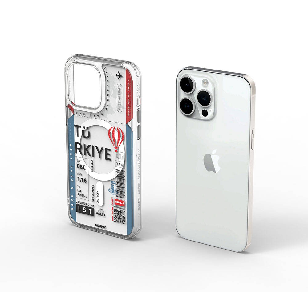 iPhone 15 Pro Max Kılıf Magsafe Şarj Özellikli Bilet Desenli Wiwu Turkey B Serisi Kılıf Pembe
