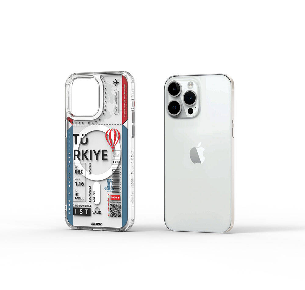 iPhone 15 Pro Max Kılıf Magsafe Şarj Özellikli Bilet Desenli Wiwu Turkey B Serisi Kılıf Pembe