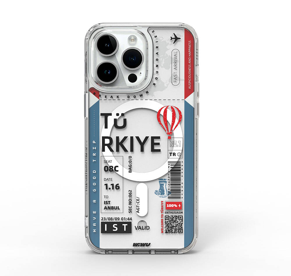 iPhone 15 Pro Max Kılıf Magsafe Şarj Özellikli Bilet Desenli Wiwu Turkey B Serisi Kılıf Mavi