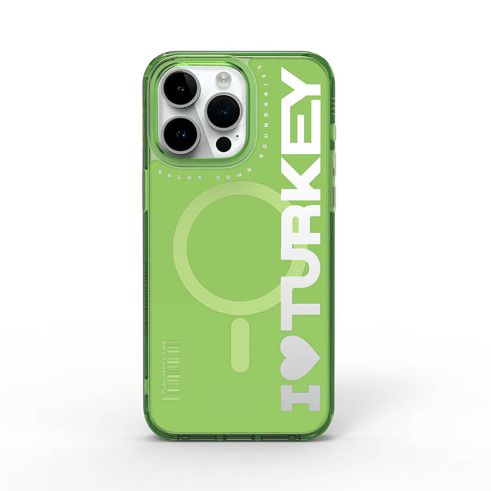 iPhone 15 Pro Max Kılıf Magsafe Şarj Özellikli I Love Turkey Yazı Desenli Wiwu Turkey E Serisi Kılıf Yeşil