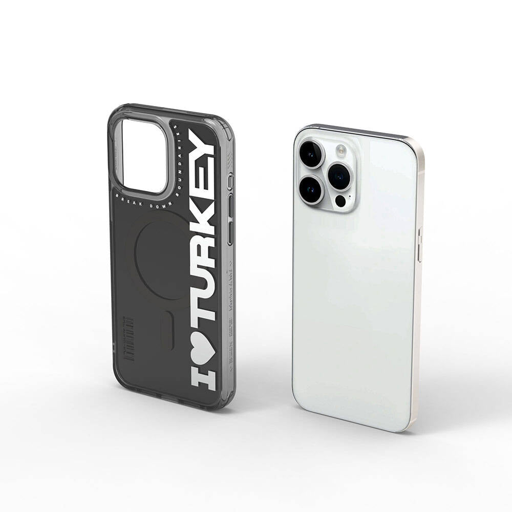 iPhone 15 Pro Max Kılıf Magsafe Şarj Özellikli I Love Turkey Yazı Desenli Wiwu Turkey E Serisi Kılıf Siyah
