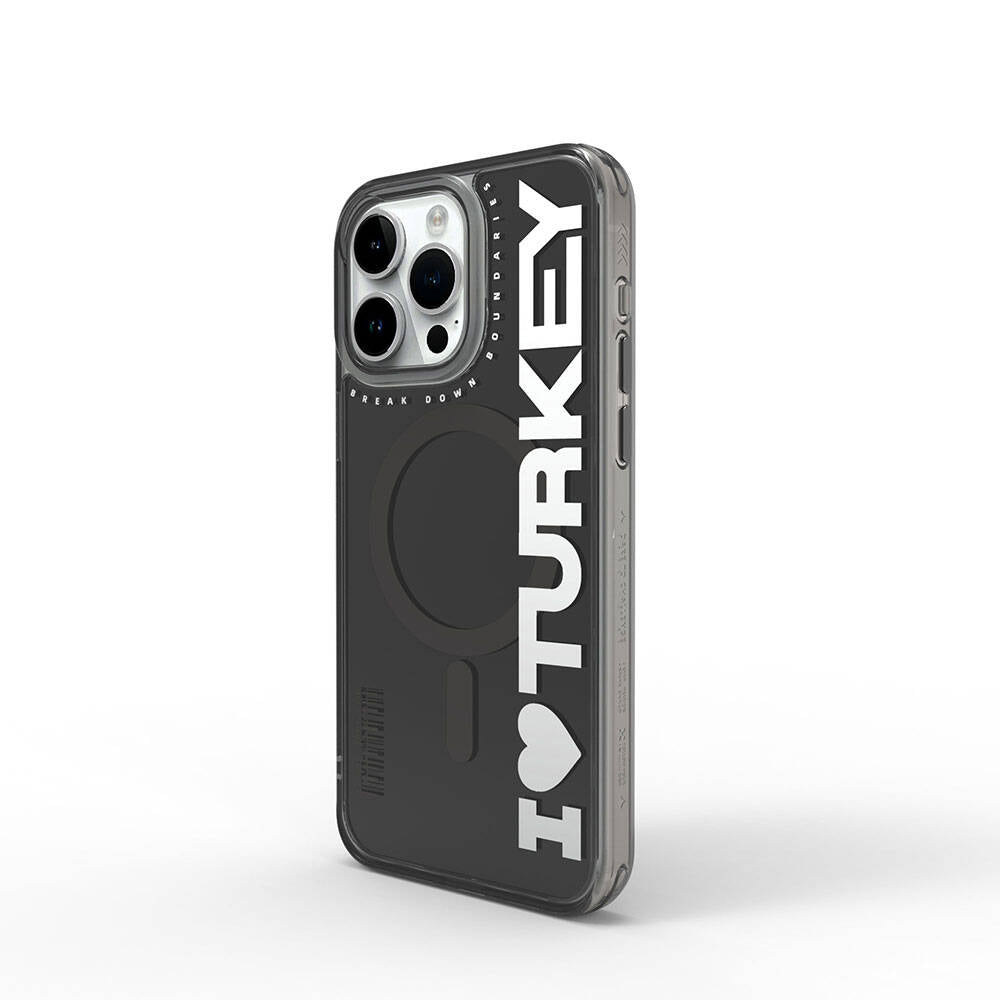 iPhone 15 Pro Max Kılıf Magsafe Şarj Özellikli I Love Turkey Yazı Desenli Wiwu Turkey E Serisi Kılıf Siyah