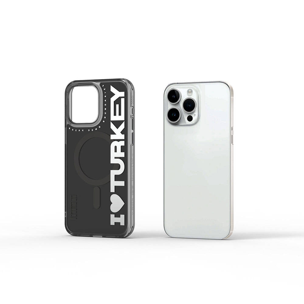 iPhone 15 Pro Max Kılıf Magsafe Şarj Özellikli I Love Turkey Yazı Desenli Wiwu Turkey E Serisi Kılıf Siyah