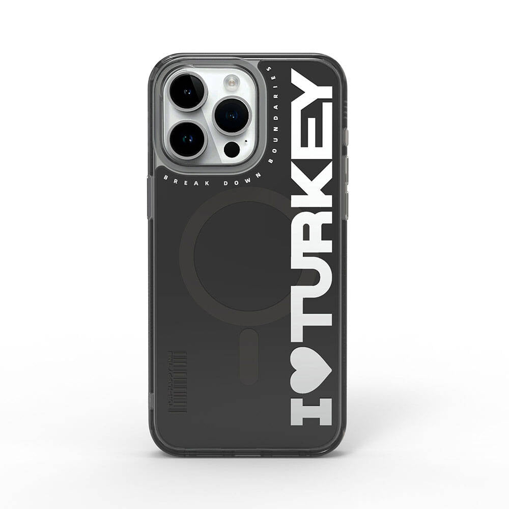 iPhone 15 Pro Max Kılıf Magsafe Şarj Özellikli I Love Turkey Yazı Desenli Wiwu Turkey E Serisi Kılıf Siyah
