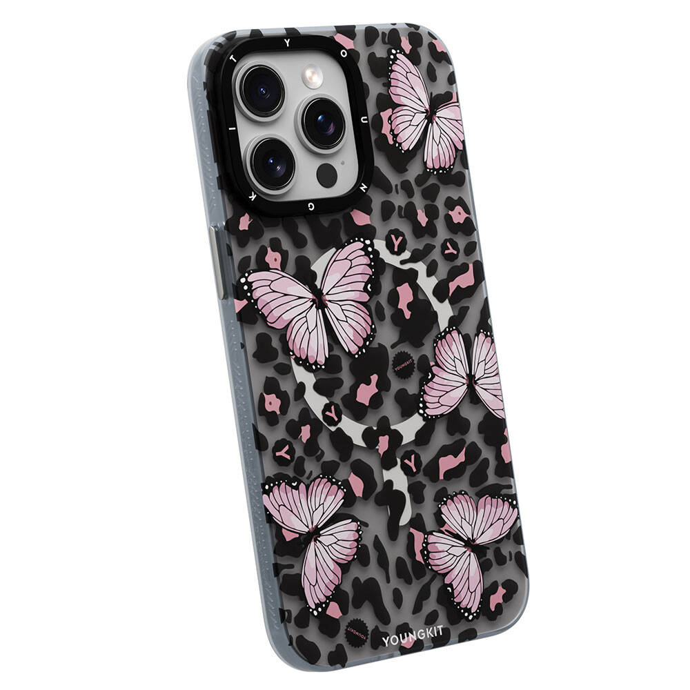 iPhone 15 Pro Max Kılıf Magsafe Şarj Özellikli Kelebek Desenli Youngkit Shadow Dance Serisi Kılıf Pembe