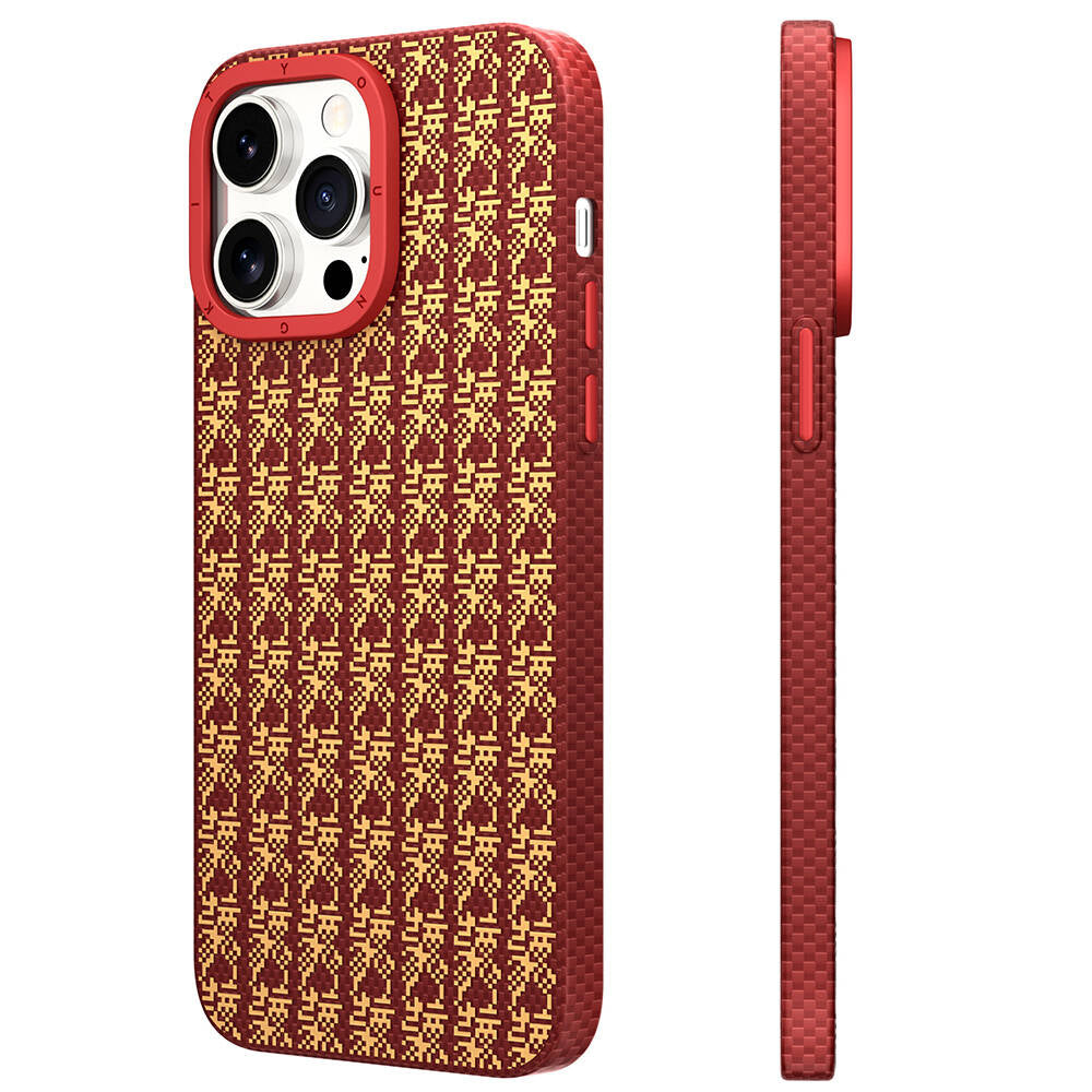 iPhone 15 Pro Max Kılıf Magsafe Şarj Özellikli Kevlar 1500D Youngkit Auspicious Loong Serisi Kılıf Kırmızı
