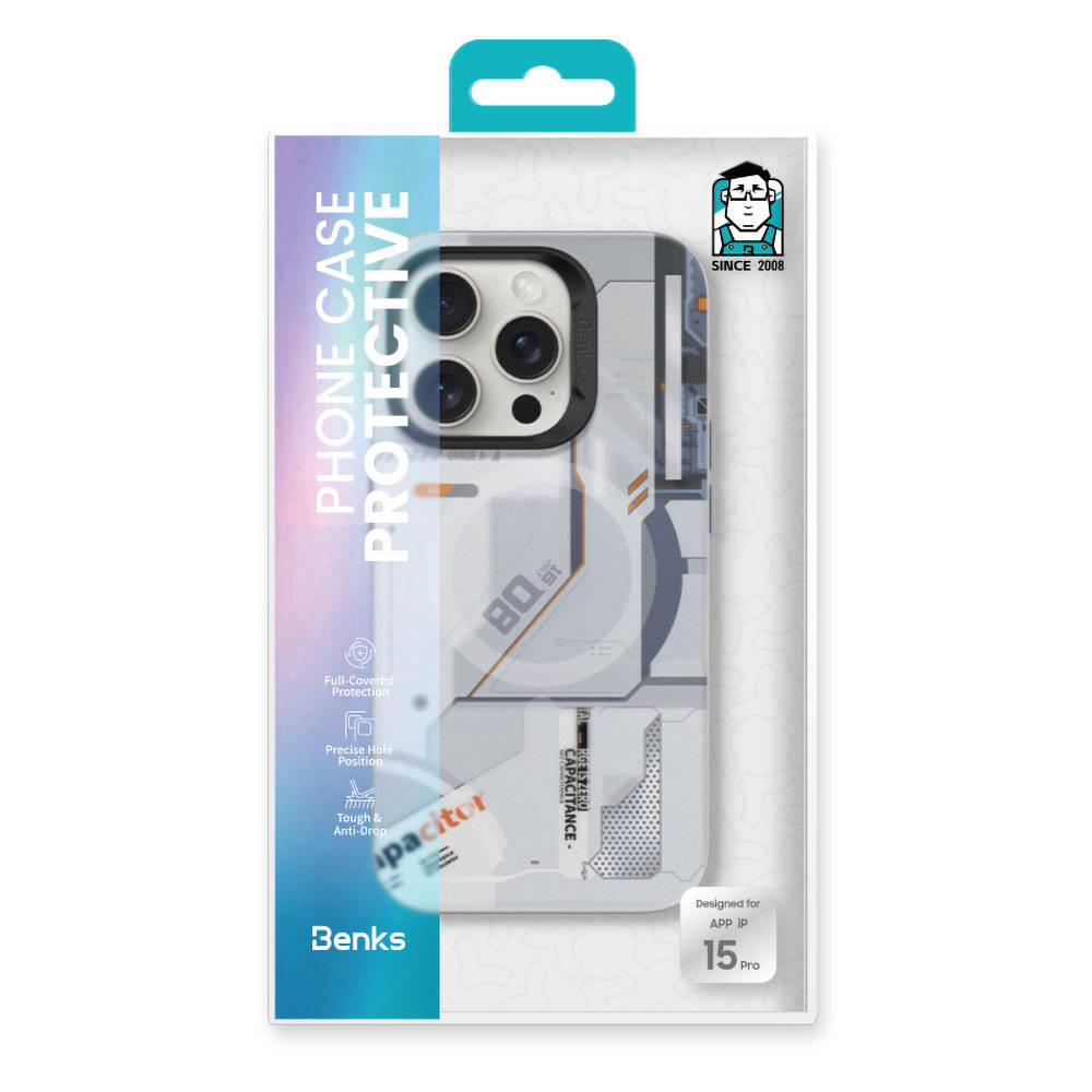 iPhone 15 Pro Max Kılıf MagSafe Şarj Özellikli Mekanik Tasarımlı Benks Perspective Serisi Kılıf Beyaz