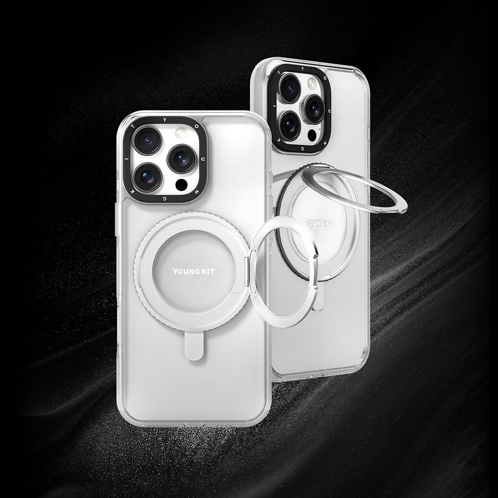 Apple iPhone 15 Pro Max Kılıf Magsafe Şarj Özellikli Parmak Ring Standlı Youngkit Pivot Serisi Kapak Şeffaf