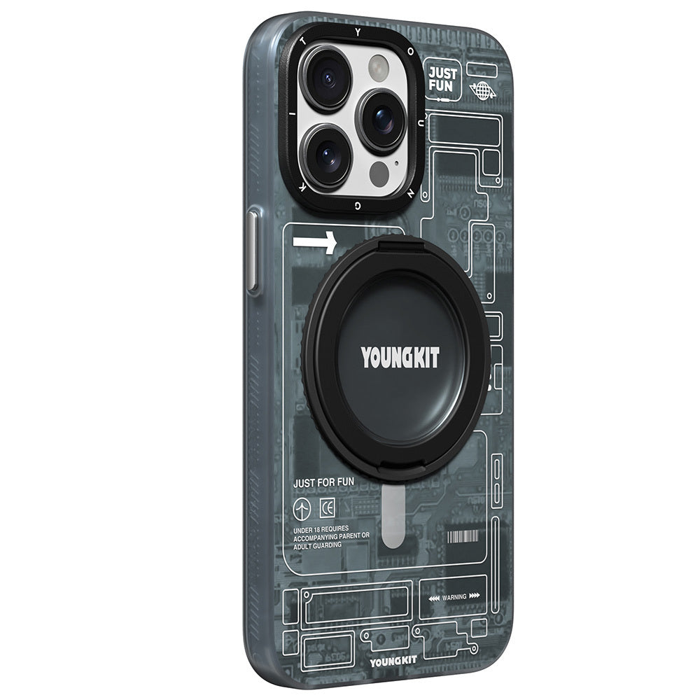 iPhone 15 Pro Max Kılıf Magsafe Şarj Özellikli Youngkit 360° Standlı Technology Serisi Kılıf Gri