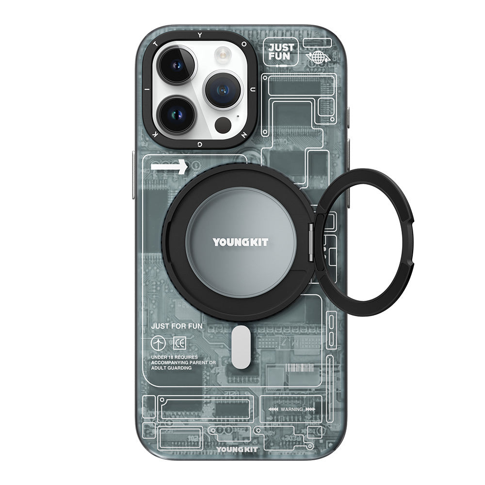 iPhone 15 Pro Max Kılıf Magsafe Şarj Özellikli Youngkit 360° Standlı Technology Serisi Kılıf Mavi