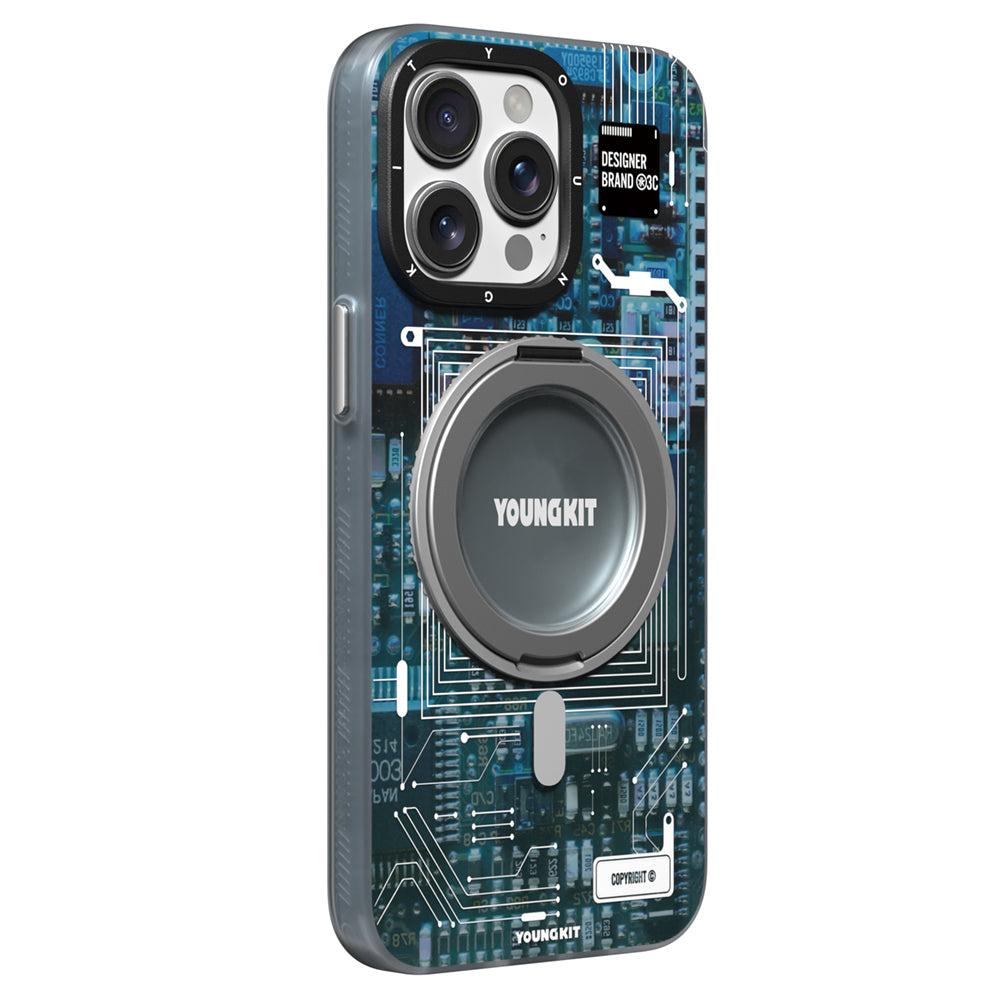 iPhone 15 Pro Max Kılıf Magsafe Şarj Özellikli Youngkit 360° Standlı Technology Serisi Kılıf Gri