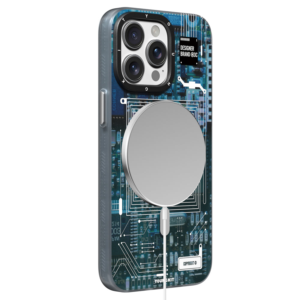 iPhone 15 Pro Max Kılıf Magsafe Şarj Özellikli Youngkit 360° Standlı Technology Serisi Kılıf Gri