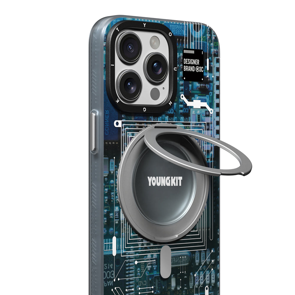 iPhone 15 Pro Max Kılıf Magsafe Şarj Özellikli Youngkit 360° Standlı Technology Serisi Kılıf Gri