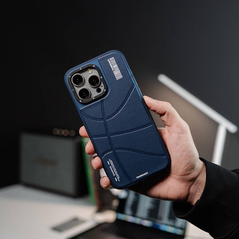 iPhone 15 Pro Max Kılıf Magsafe Şarj Özellikli Youngkit Backboard Serisi Leather Kılıf Mavi