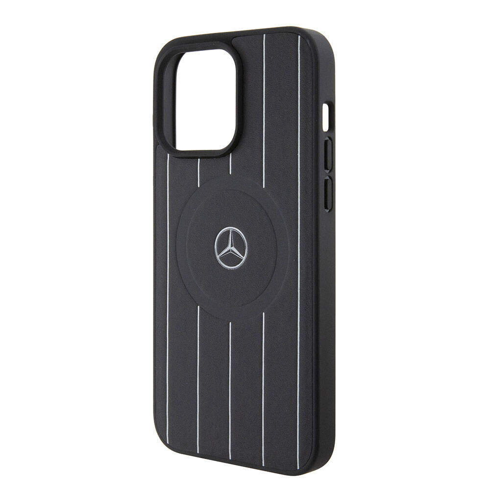 iPhone 15 Pro Max Kılıf Mercedes Benz Orjinal Lisanslı Magsafe Şarj Özellikli Baskı Logolu Paralel Çizgi Desenli Deri Kılıf Siyah