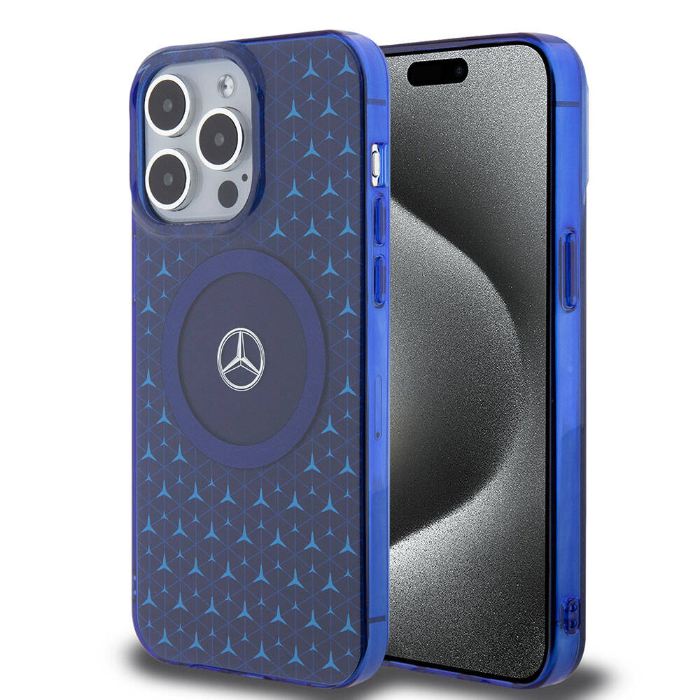 iPhone 15 Pro Max Kılıf Mercedes Benz Orjinal Lisanslı Magsafe Şarj Özellikli Çift Katmanlı Mini Yıldız Desenli Kılıf Mavi
