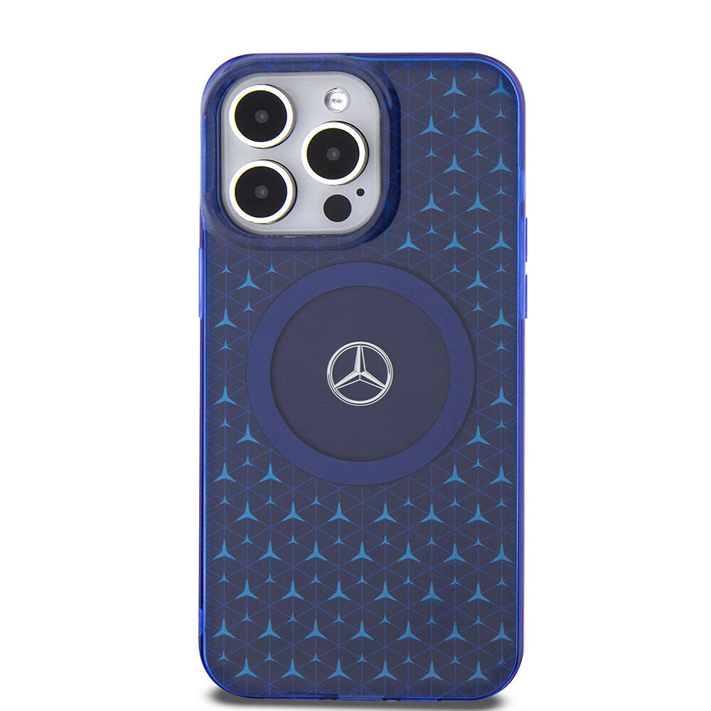 iPhone 15 Pro Max Kılıf Mercedes Benz Orjinal Lisanslı Magsafe Şarj Özellikli Çift Katmanlı Mini Yıldız Desenli Kılıf Mavi