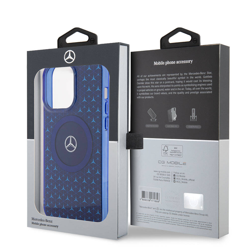 iPhone 15 Pro Max Kılıf Mercedes Benz Orjinal Lisanslı Magsafe Şarj Özellikli Çift Katmanlı Mini Yıldız Desenli Kılıf Mavi