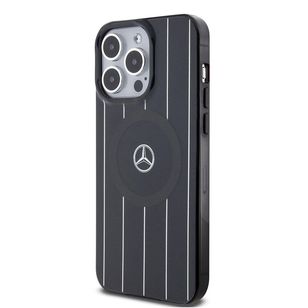 iPhone 15 Pro Max Kılıf Mercedes Benz Orjinal Lisanslı Magsafe Şarj Özellikli Çift Katmanlı Paralel Çizgi Desenli Kılıf Siyah