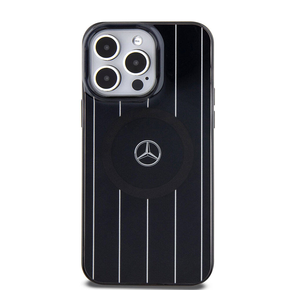 iPhone 15 Pro Max Kılıf Mercedes Benz Orjinal Lisanslı Magsafe Şarj Özellikli Çift Katmanlı Paralel Çizgi Desenli Kılıf Siyah