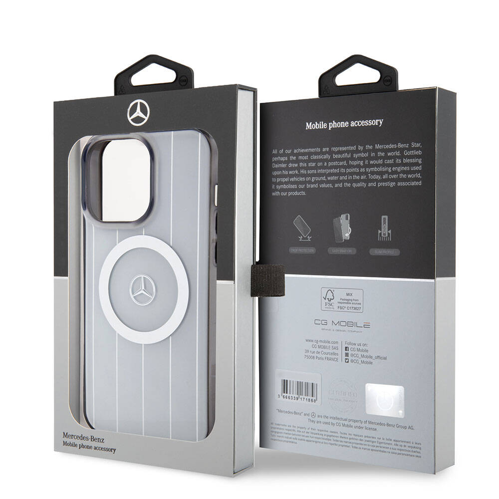 iPhone 15 Pro Max Kılıf Mercedes Benz Orjinal Lisanslı Magsafe Şarj Özellikli Çift Katmanlı Paralel Çizgi Desenli Kılıf Beyaz