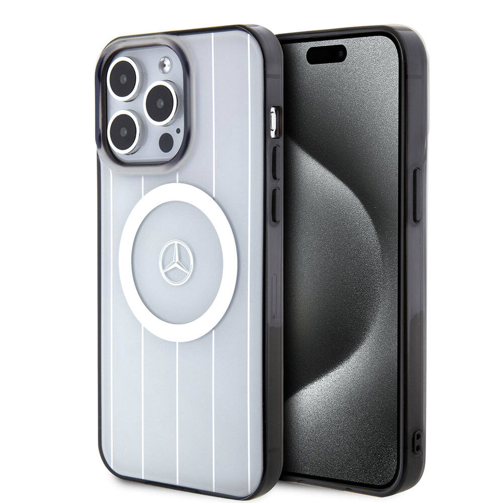 iPhone 15 Pro Max Kılıf Mercedes Benz Orjinal Lisanslı Magsafe Şarj Özellikli Çift Katmanlı Paralel Çizgi Desenli Kılıf Beyaz