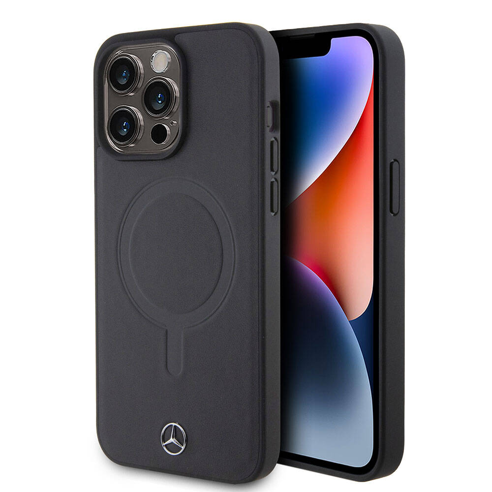 iPhone 15 Pro Max Kılıf Mercedes Benz Orjinal Lisanslı Magsafe Şarj Özellikli Metal Yıldız Logolu Pürüzsüz Deri Kılıf Lacivert