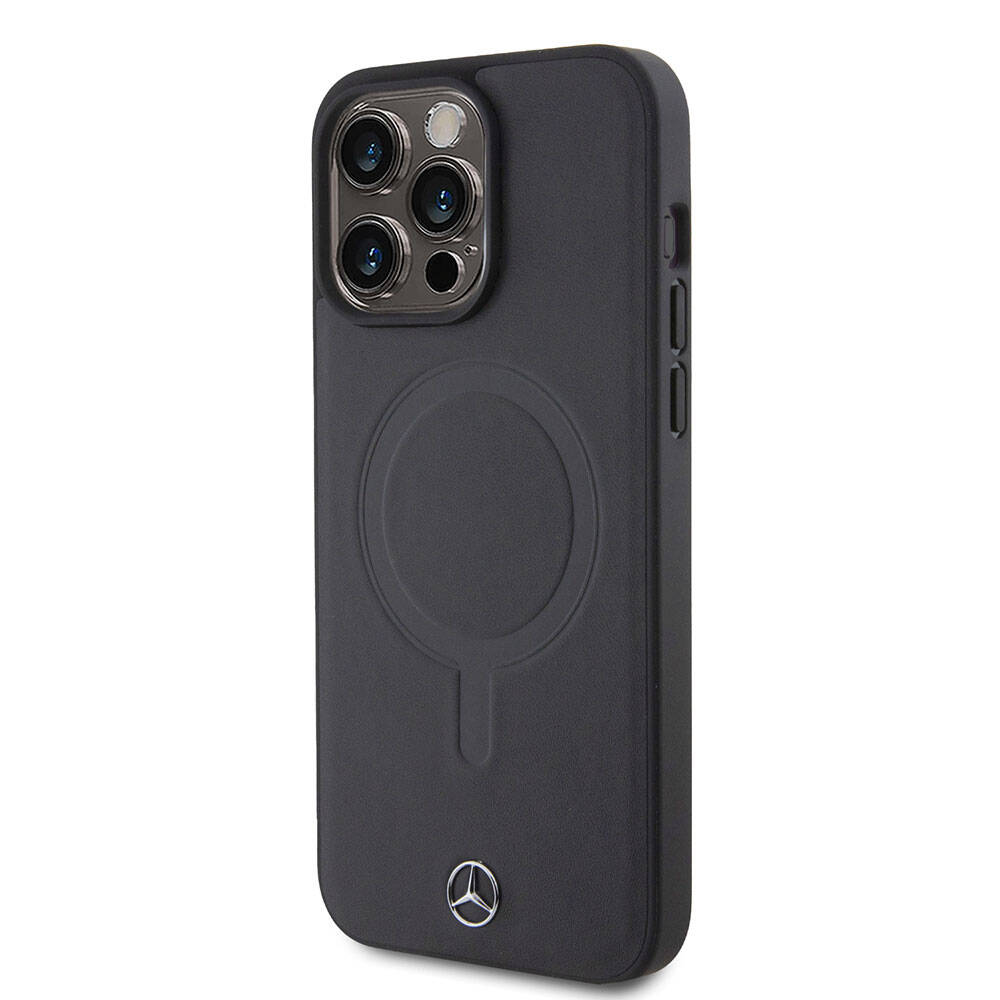 iPhone 15 Pro Max Kılıf Mercedes Benz Orjinal Lisanslı Magsafe Şarj Özellikli Metal Yıldız Logolu Pürüzsüz Deri Kılıf Lacivert