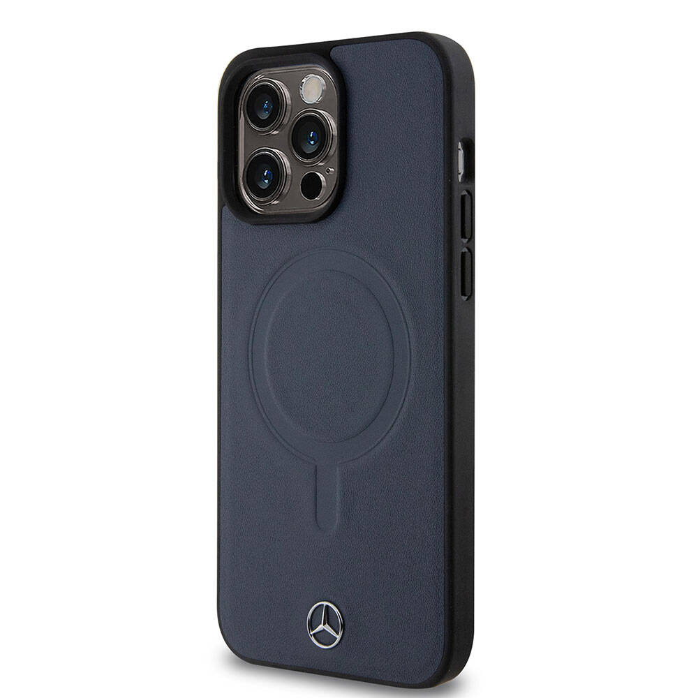 iPhone 15 Pro Max Kılıf Mercedes Benz Orjinal Lisanslı Magsafe Şarj Özellikli Metal Yıldız Logolu Pürüzsüz Deri Kılıf Lacivert