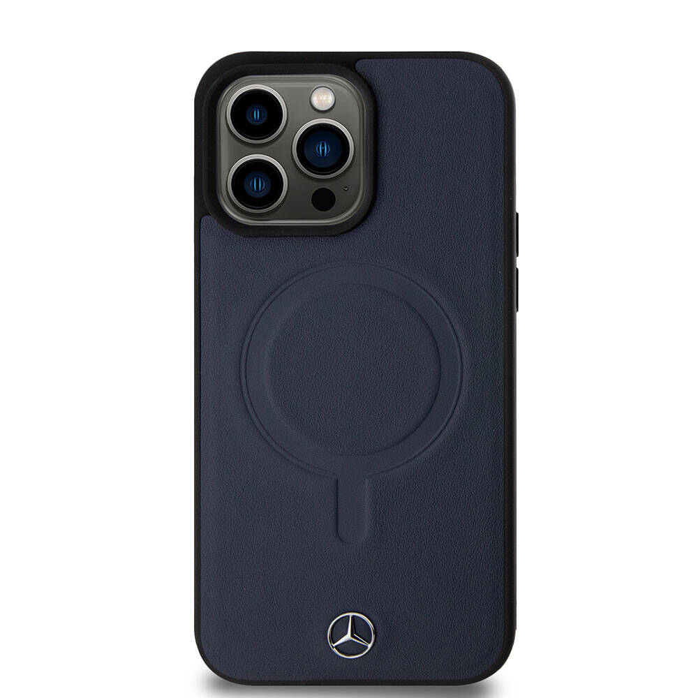 iPhone 15 Pro Max Kılıf Mercedes Benz Orjinal Lisanslı Magsafe Şarj Özellikli Metal Yıldız Logolu Pürüzsüz Deri Kılıf Lacivert