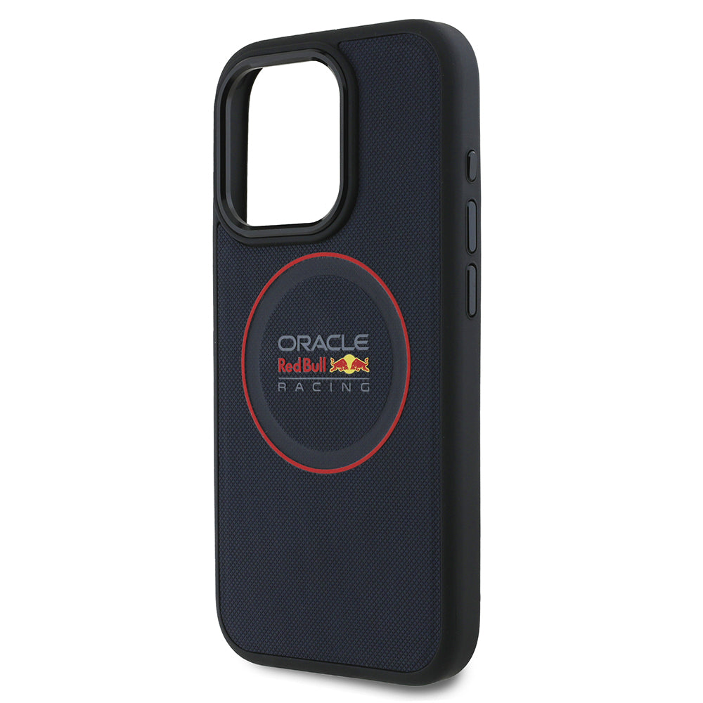 Apple iPhone 15 Pro Max Kılıf Redbull Orjinal Lisanslı Magsafe Şarj Özellikli Kırmızı Halka ve Logo Kabartmalı PU Deri Kapak Lacivert