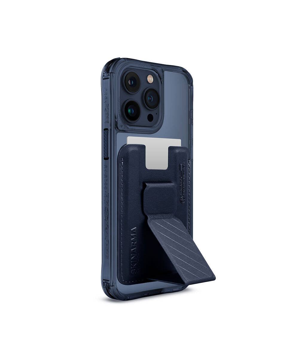 iPhone 15 Pro Max Kılıf SkinArma Şeffaf Magsafe Şarj Özellikli Kado Kartlıklı Saido Kılıf Mavi