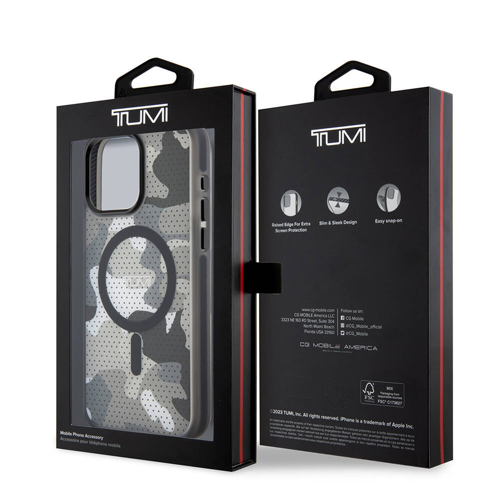 iPhone 15 Pro Max Kılıf TUMI Orjinal Lisanslı Magsafe Şarj Özellikli Buzlanmış Saydam Ağ Kamuflajı Desenli Kılıf Siyah