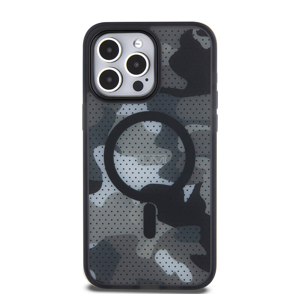 iPhone 15 Pro Max Kılıf TUMI Orjinal Lisanslı Magsafe Şarj Özellikli Buzlanmış Saydam Ağ Kamuflajı Desenli Kılıf Siyah