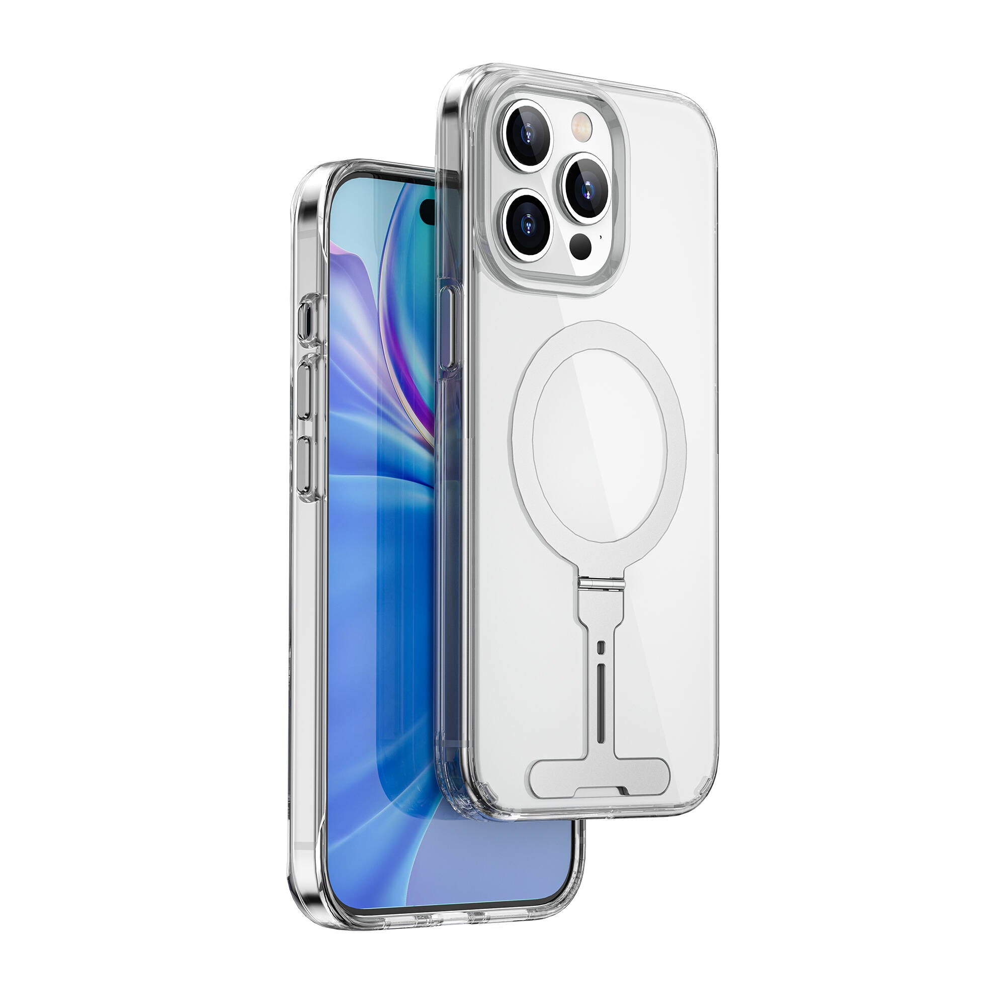 iPhone 15 Pro Max Kılıf Wiwu FYY-014 Magsafe Şarj Özellikli Alüminyum Alaşım Metal Standlı Şeffaf Kılıf Renksiz