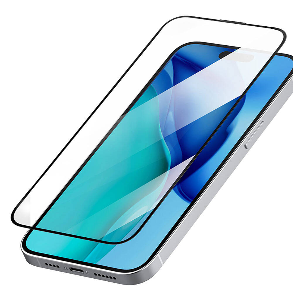 iPhone 15 Pro Recci RSP-A21HD Full Transparan Temperli Cam Ekran Koruyucu Siyah