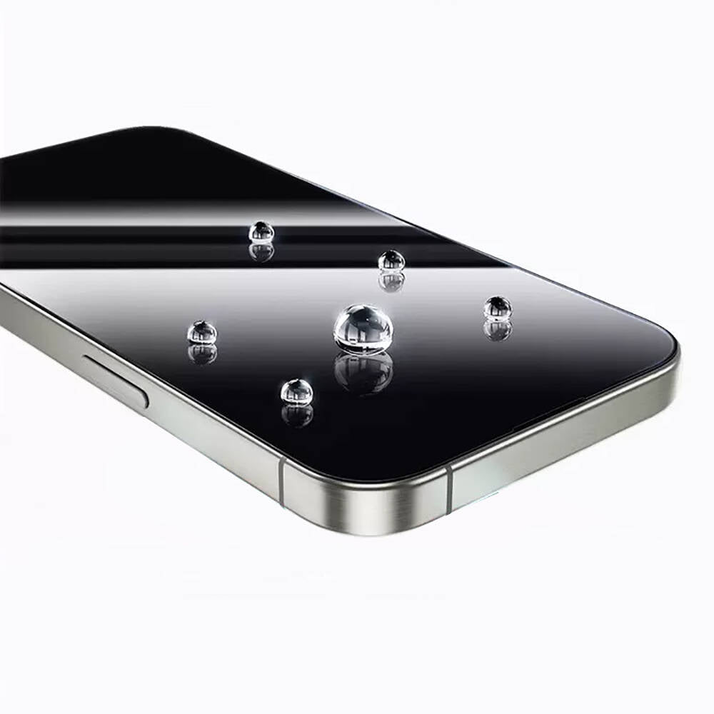 iPhone 15 Wiwu GT-009 Polimer Oleofobik Kaplama Şeffaf Pürüzsüz Temperli Cam Ekran Koruyucu Siyah