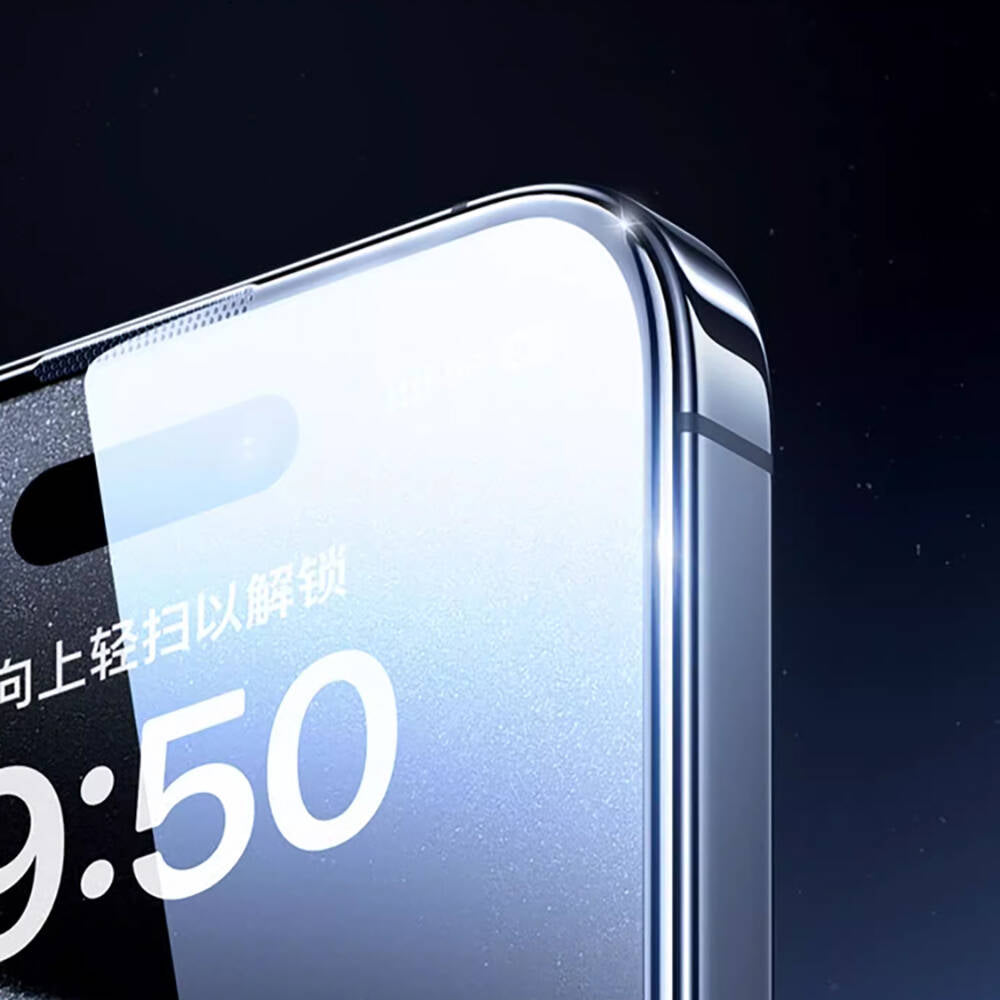 iPhone 15 Wiwu GT-009 Polimer Oleofobik Kaplama Şeffaf Pürüzsüz Temperli Cam Ekran Koruyucu Siyah