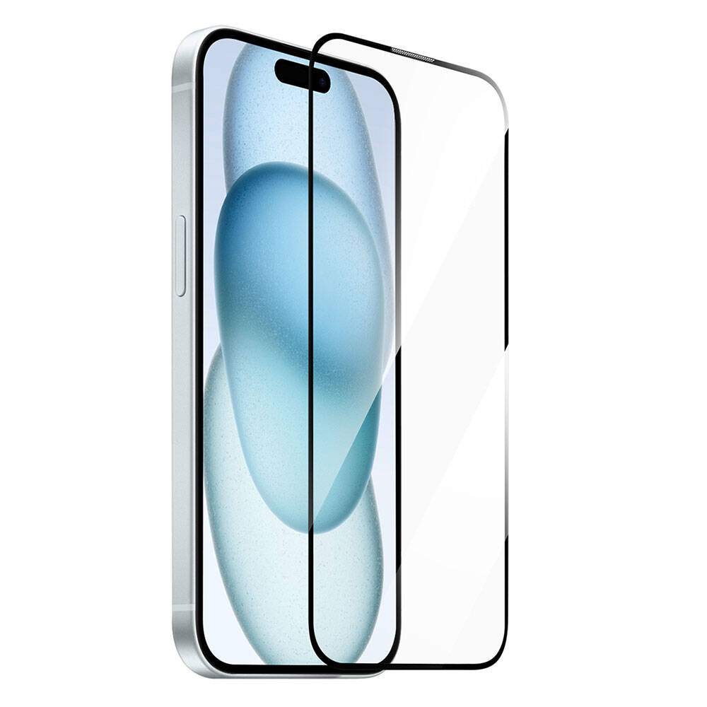 iPhone 15 Wiwu GT-009 Polimer Oleofobik Kaplama Şeffaf Pürüzsüz Temperli Cam Ekran Koruyucu Siyah
