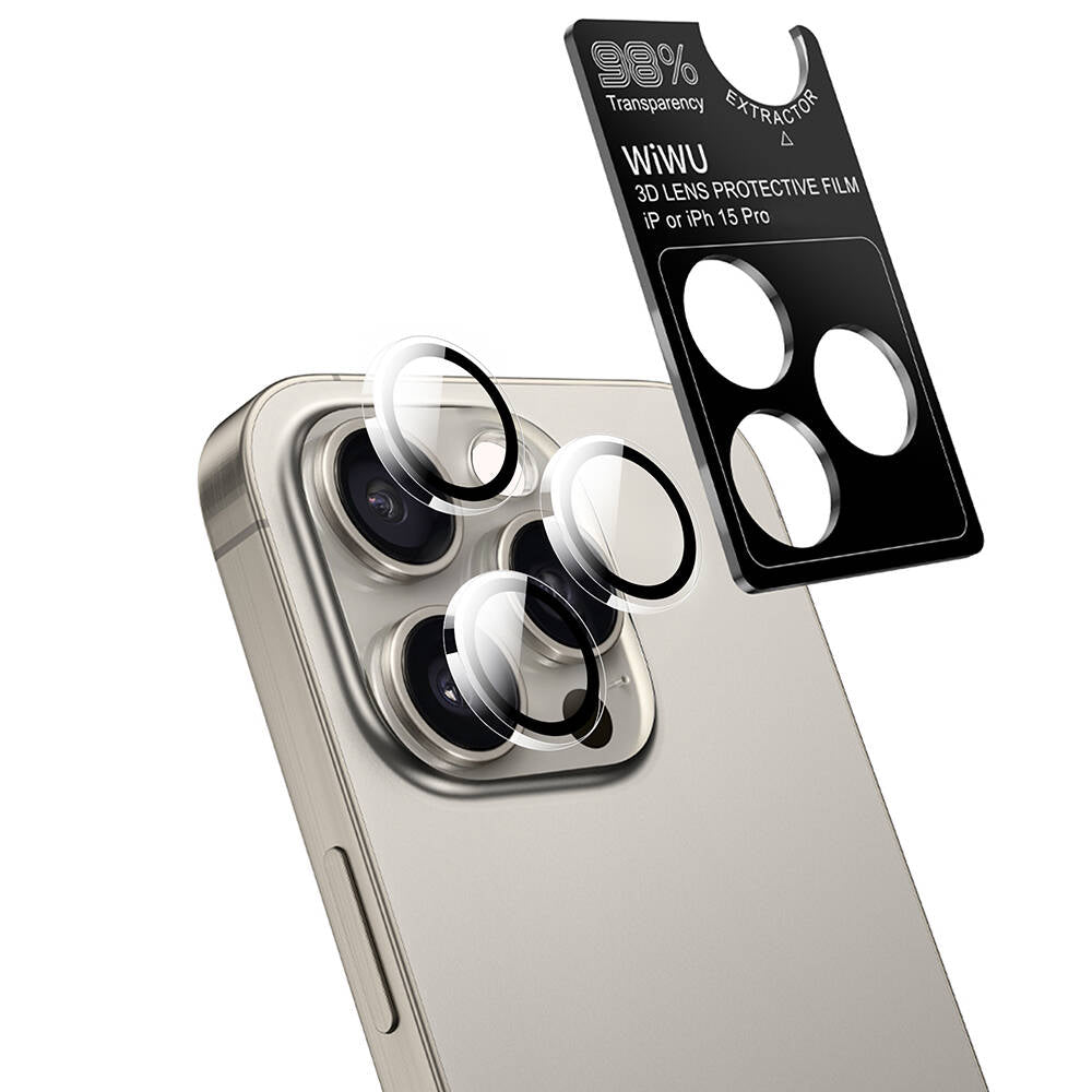 iPhone 15 Wiwu Wi-IP002 2in1 Temperli Cam Ahize Toz Önleyici Ekran Koruyucu ve Kamera Lens Koruyucu Set Siyah