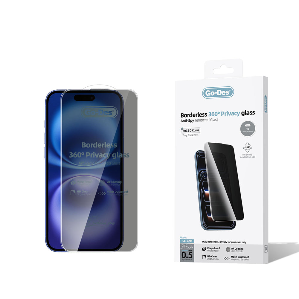 Apple iPhone 16 Go Des AF Borderless Privacy Temperli Cam Ekran Koruyucu Siyah