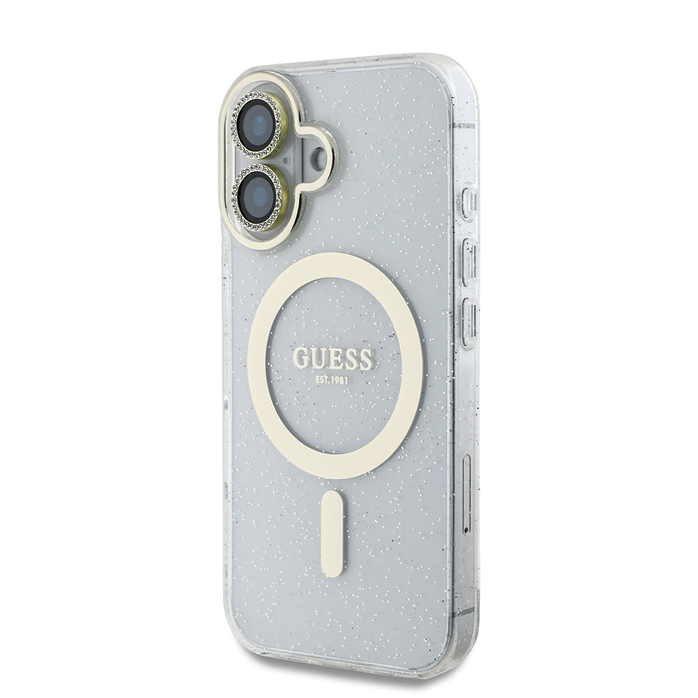 Apple iPhone 16 Guess Orjinal Lisanslı 3'lü Aksesuar Seti IML Baskılı Simli Glitter Kılıf + Ekran Koruyucu + Lens Koruyucu Şeffaf