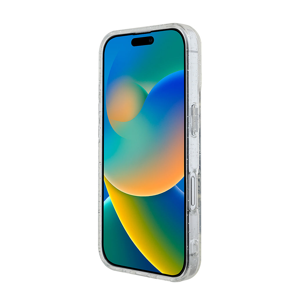 Apple iPhone 16 Guess Orjinal Lisanslı 3'lü Aksesuar Seti IML Baskılı Simli Glitter Kılıf + Ekran Koruyucu + Lens Koruyucu Şeffaf