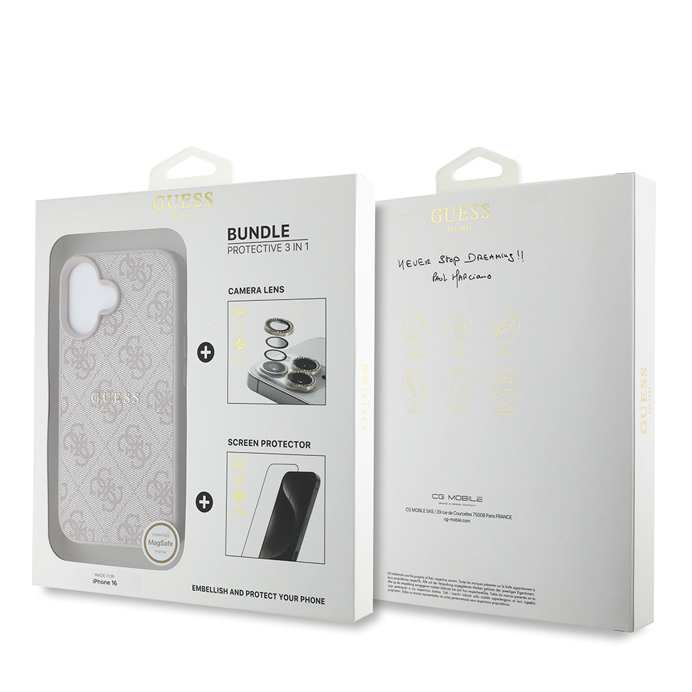 Apple iPhone 16 Guess Orjinal Lisanslı Kılıf + Ekran Koruyucu + Lens Koruyucu 3in1 Aksesuar Seti Pembe