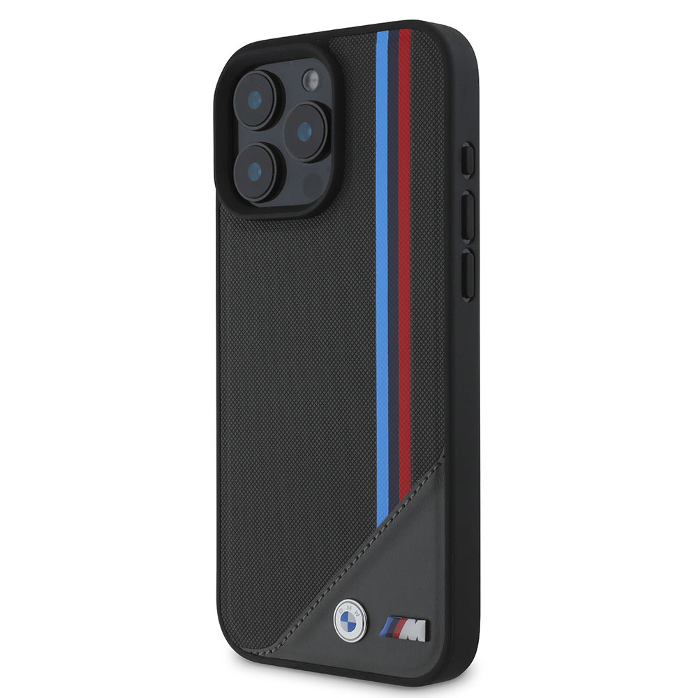 iPhone 16 Kılıf BMW Orjinal Lisanslı Magsafe Şarj Özellikli M Logolu Üç Çizgili Dikiş Detaylı Meshed Tricolor Stripes Kılıf Siyah